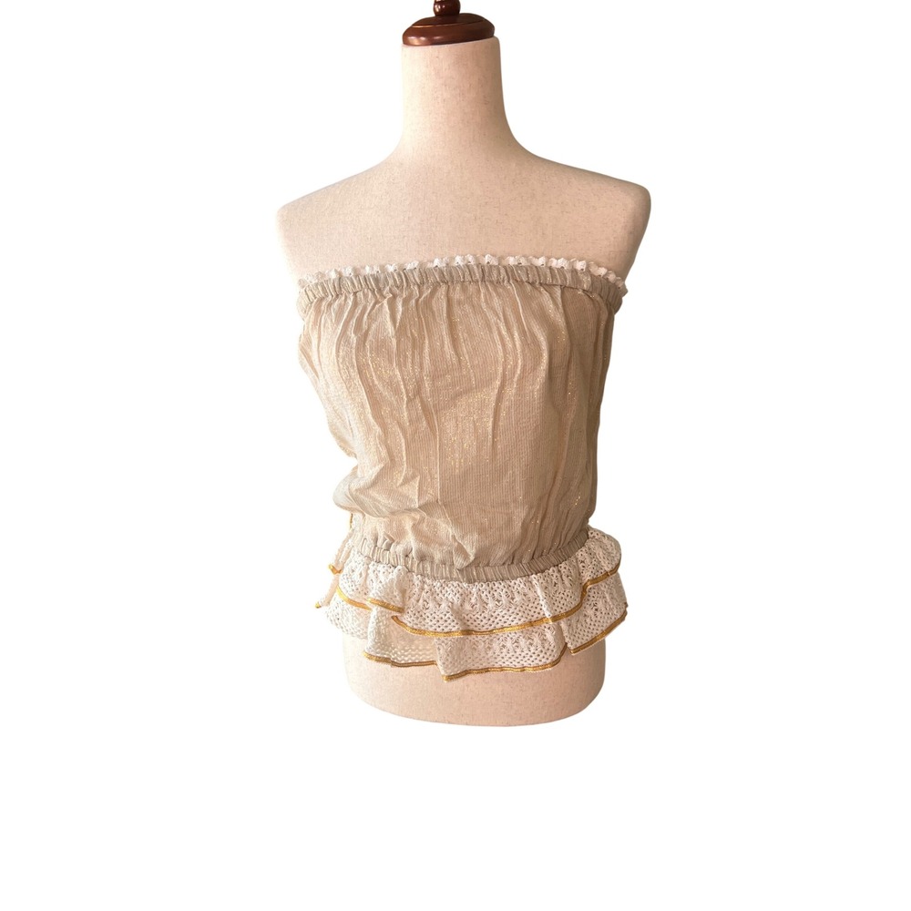NWT Ramy Brook Nala Strapless Top Beige Gold Ruffle Crochet Trim Size Small $245